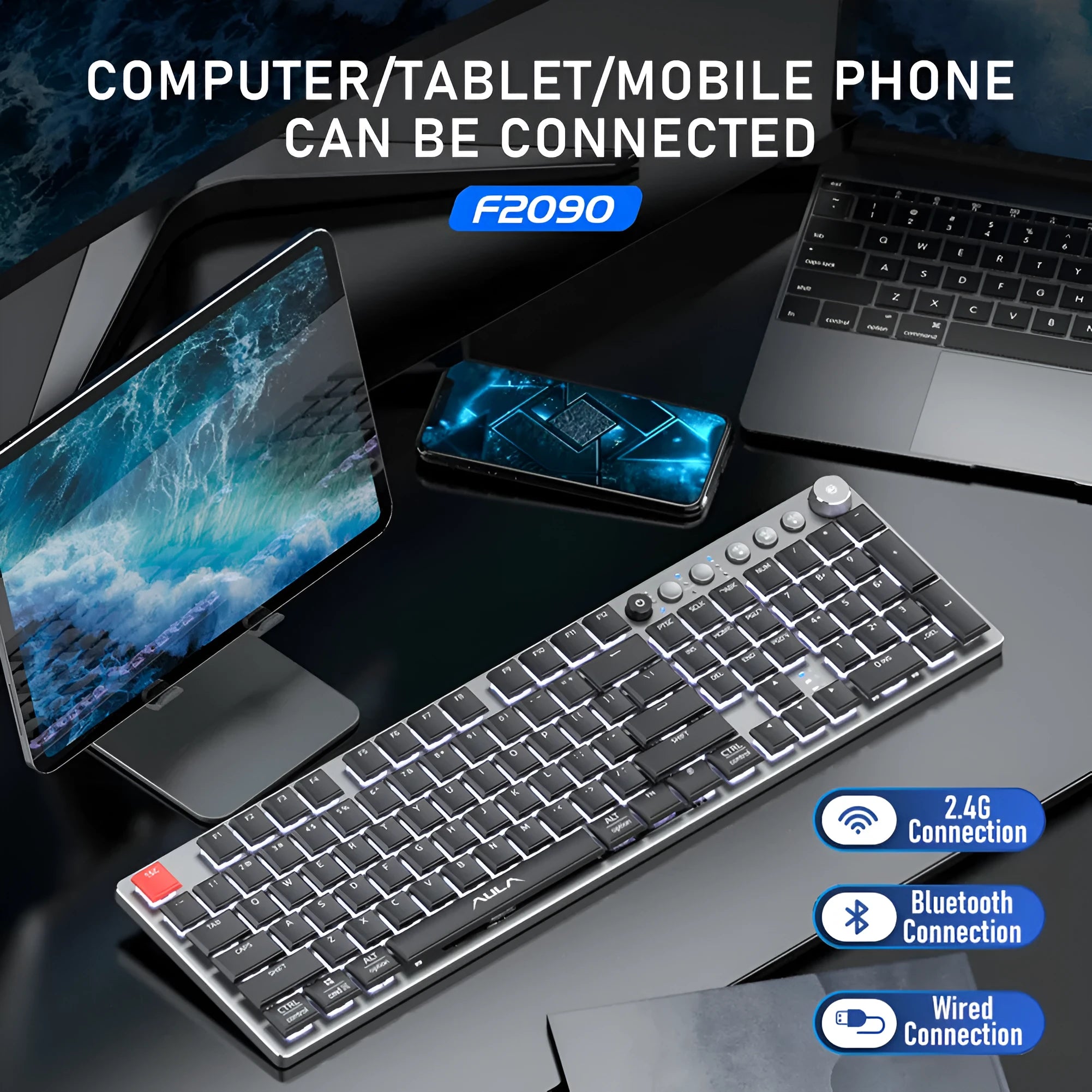 Wireless mechanical keyboard 104 keys thin with short shaft and 20 light effects on desk