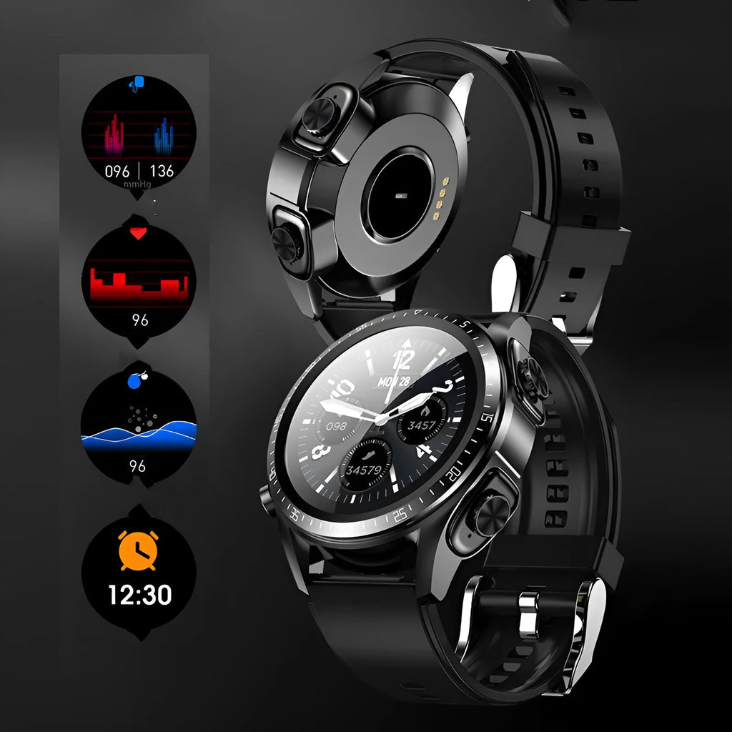 Black smart watch with health monitoring features on silicone wrist strap