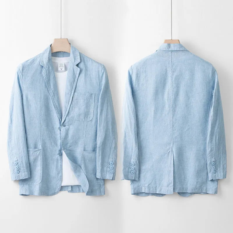 Men's loose fit linen suit jacket in a solid colour on a hanger, showing casual long sleeve design.