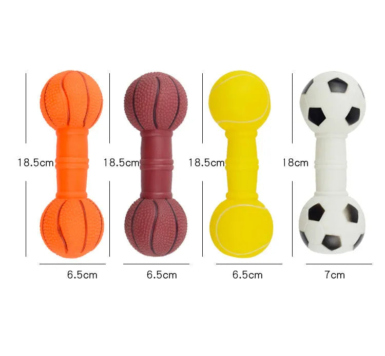 Brown football dumbbell shaped dog squeaky chew toy on white background