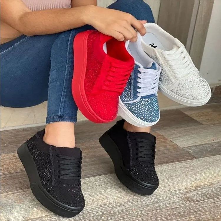 Plus size women's black lace-up casual shoes with rhinestone decoration and a thick rubber sole.