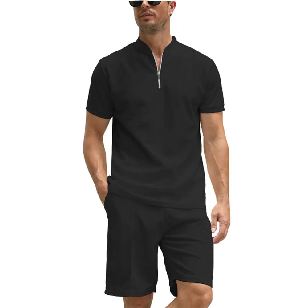 Men's solid colour polo shirt and trousers two-piece suit set in beaded bird's eye polyester fabric