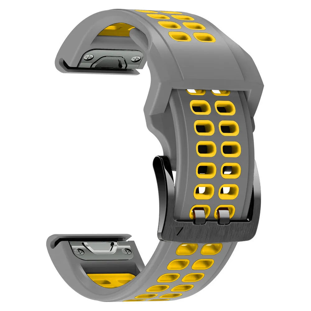 Two-tone quick-release silicone watch strap with pin buckle in black and orange colour