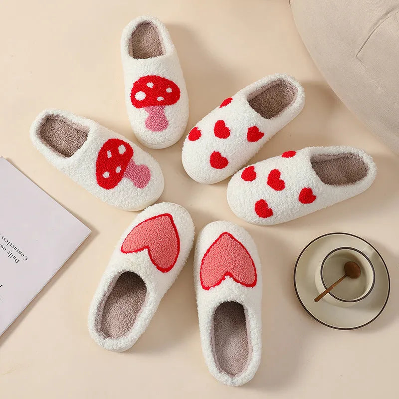 Plush home slippers with cartoon designs and non-slip PVC soles in adult female sizes