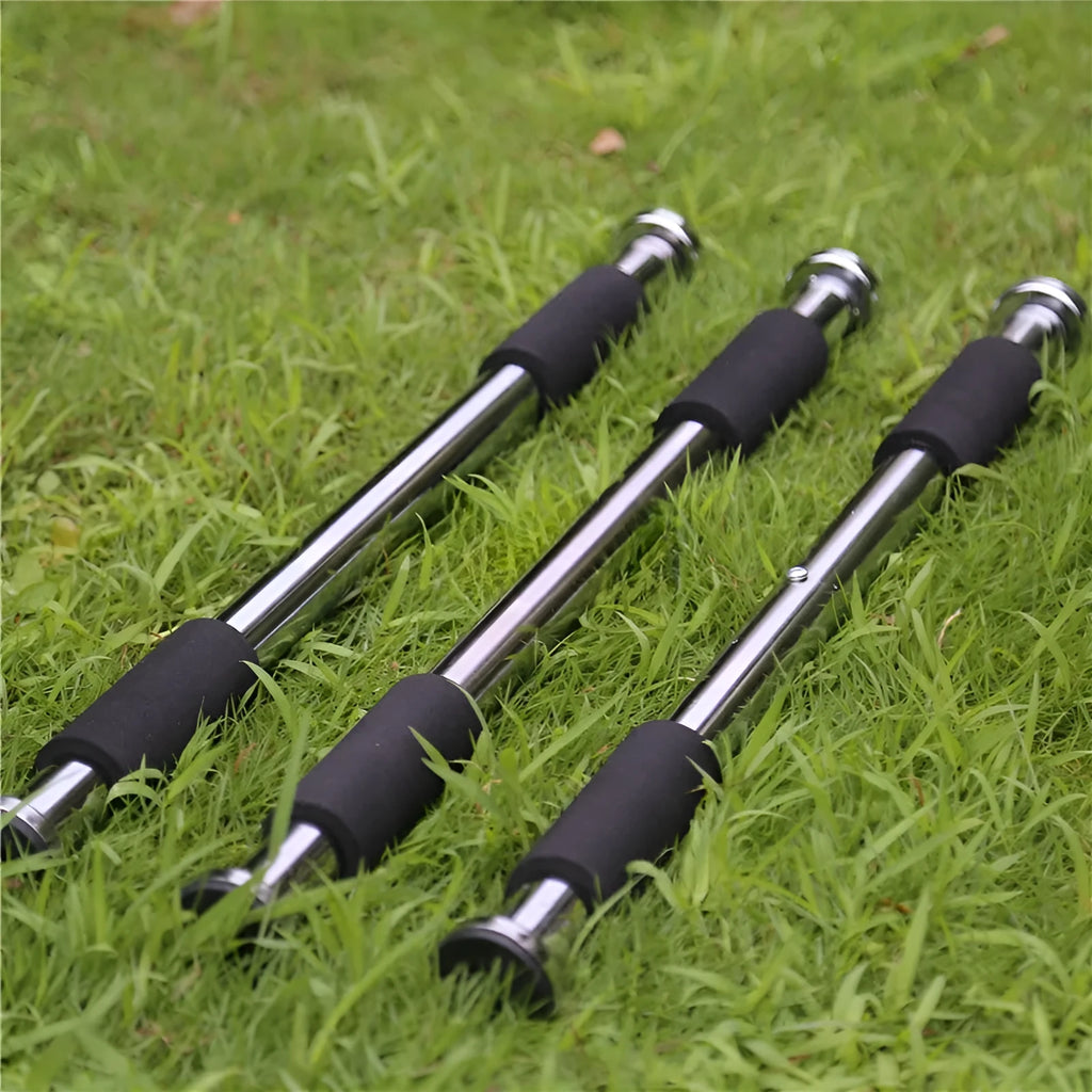 Adjustable steel pull-up bar extended for doorway installation with length markings showing 62cm to 100cm range