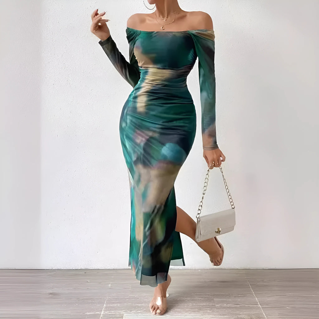 Women's long fishtail dress with square collar, pleated mesh fabric, and a split hem in a gradient colour.