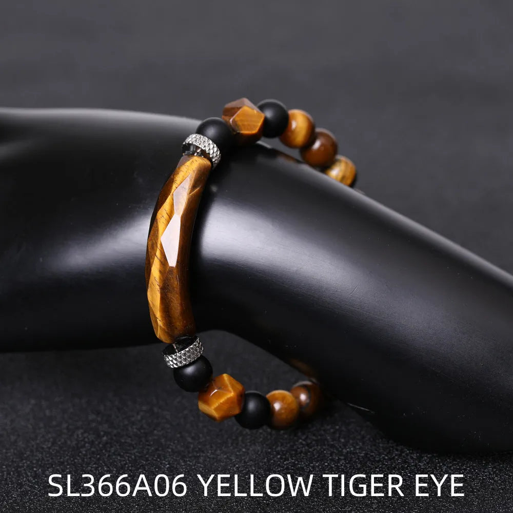 Black agate diamond-cut bracelet with geometric fan-shaped beads, handmade unisex jewellery