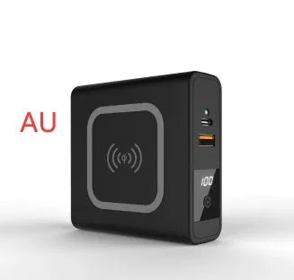 Black PD20W power bank with wireless charging and flip-out UK US EU AU plug adapters