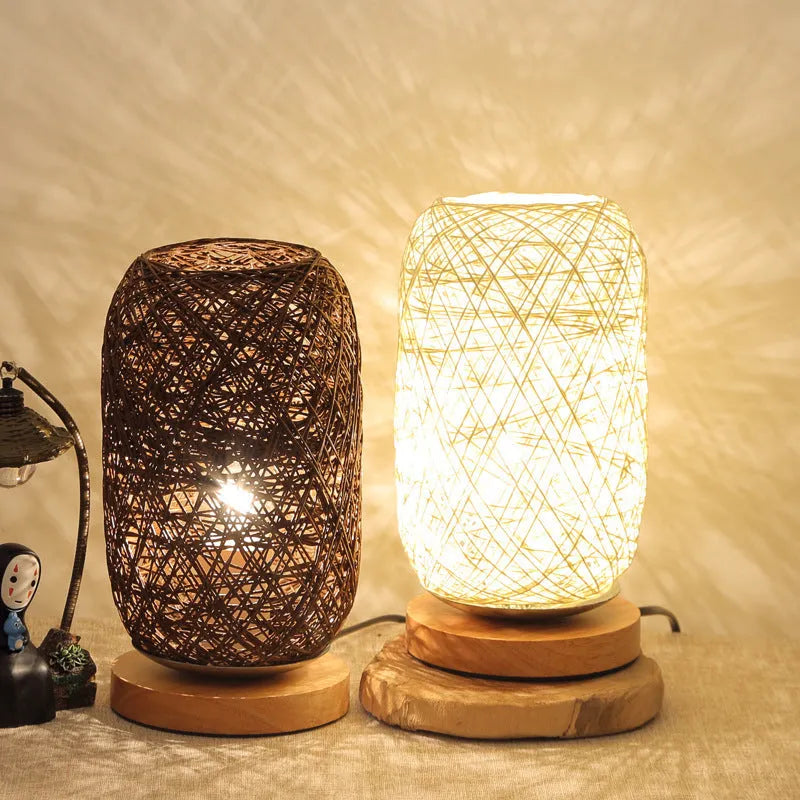 Brown hemp rope Sepak Takraw ball desk lamp on a wooden base with USB cable.