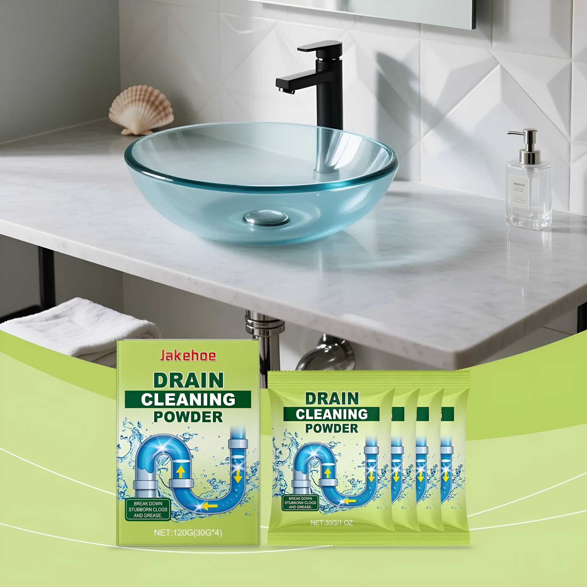 120g packet of drain cleaning powder with sodium hydroxide for blocked sinks