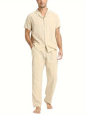 Men's cotton blend casual exercise short sleeve suit set in khaki with top and pants on a model