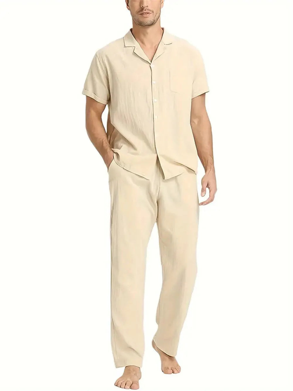 Men's cotton blend casual exercise short sleeve suit set in khaki with top and pants on a model