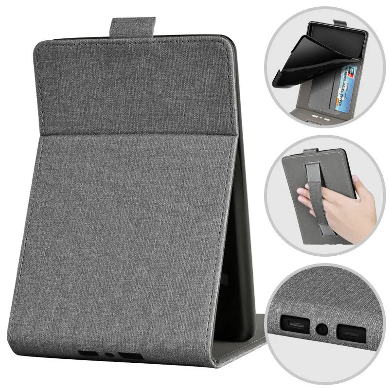 Black TPU leather protective case for a 6-inch Kindle Paperwhite e-reader, showing embossed texture and brackets style edges.