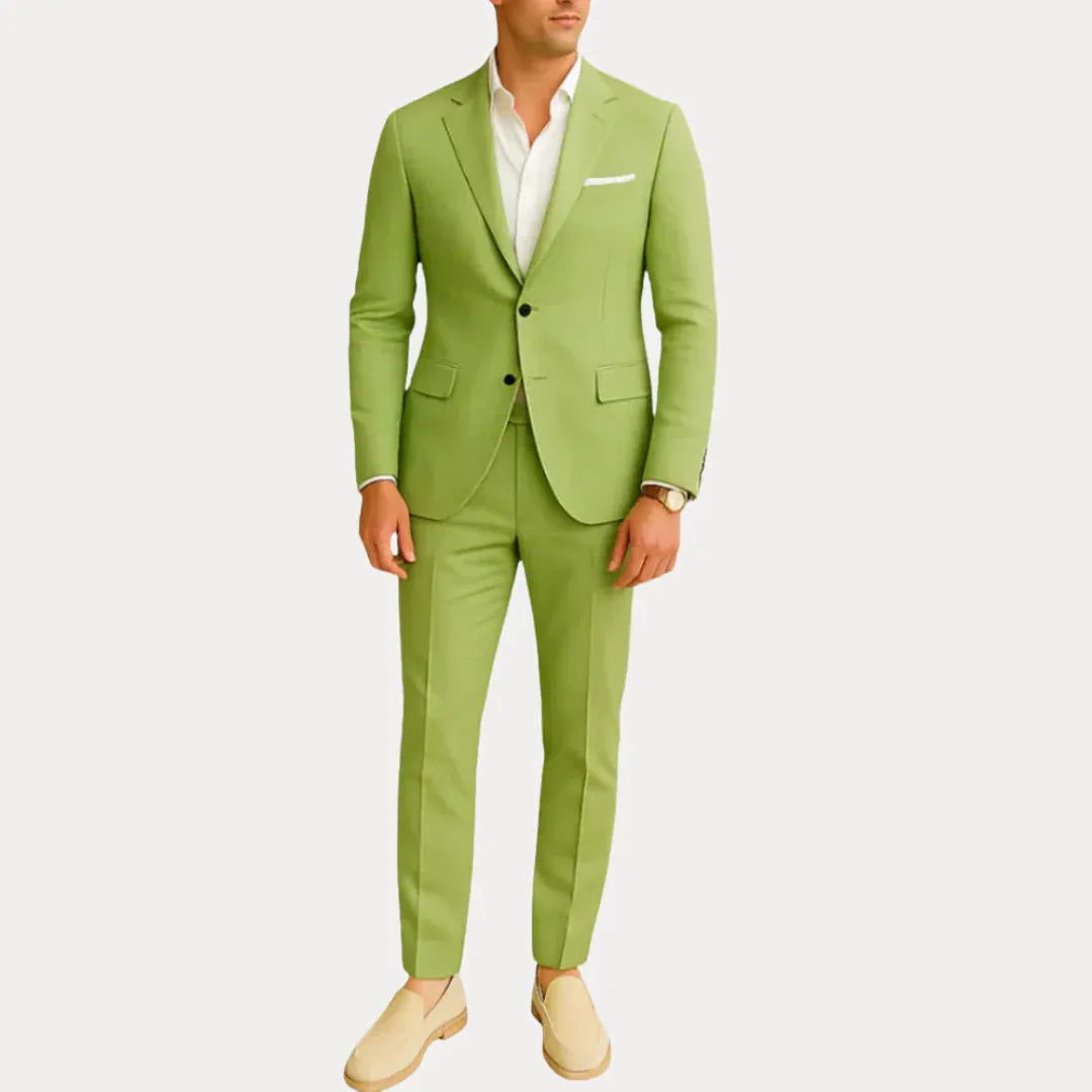 Men's slim fit nylon two-piece suit set in black with button front, jacket and trousers