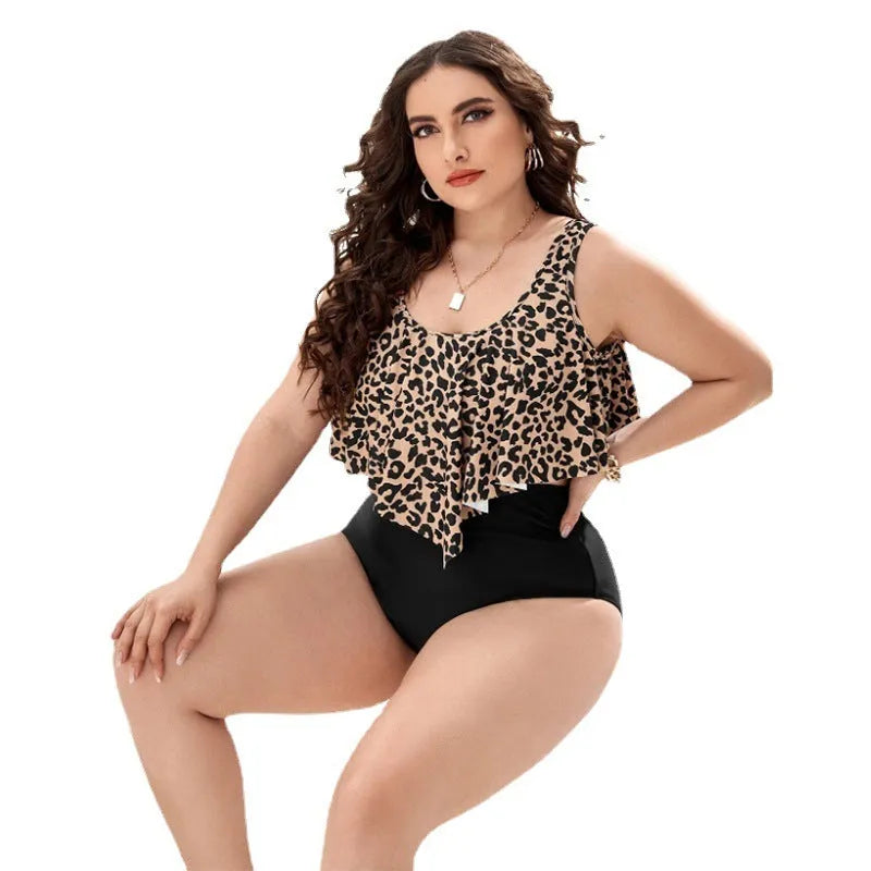 Plus size leopard print bikini swimsuit in graph colour with chest pad top and pants