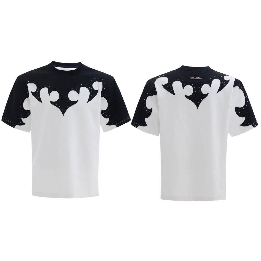 Men's cotton shirt with burnt flower stitching and rhinestone detailing in red, white, and grey colours