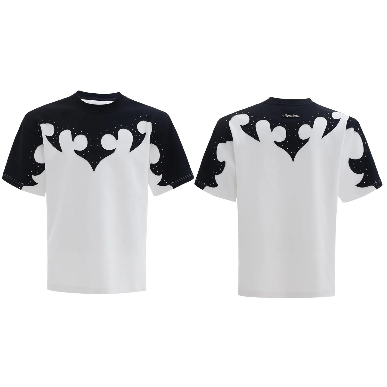 Men's cotton shirt with burnt flower stitching and rhinestone detailing in red, white, and grey colours
