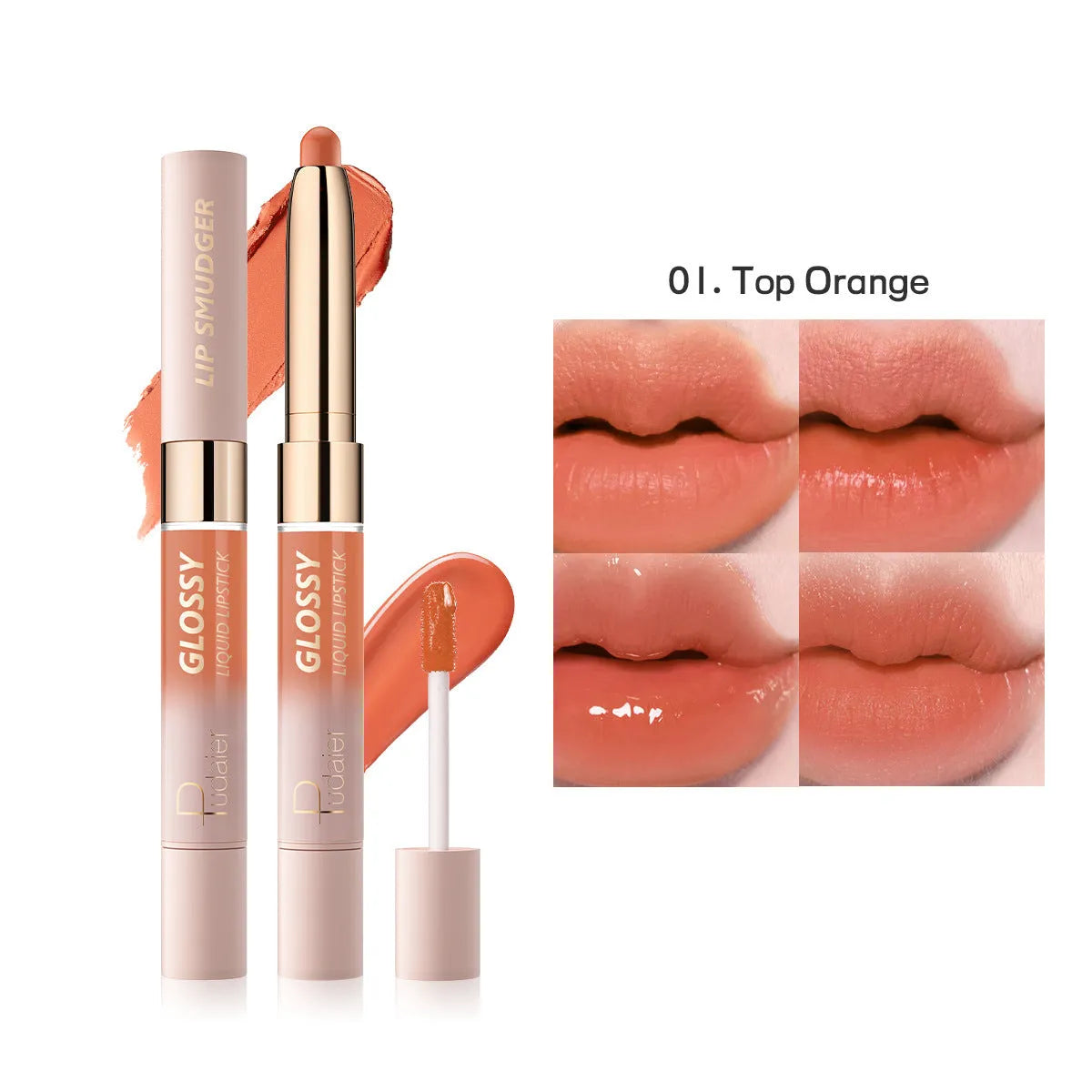 Double-headed lipstick showing matte bullet on one end and gloss applicator on the other in one of 10 available colours