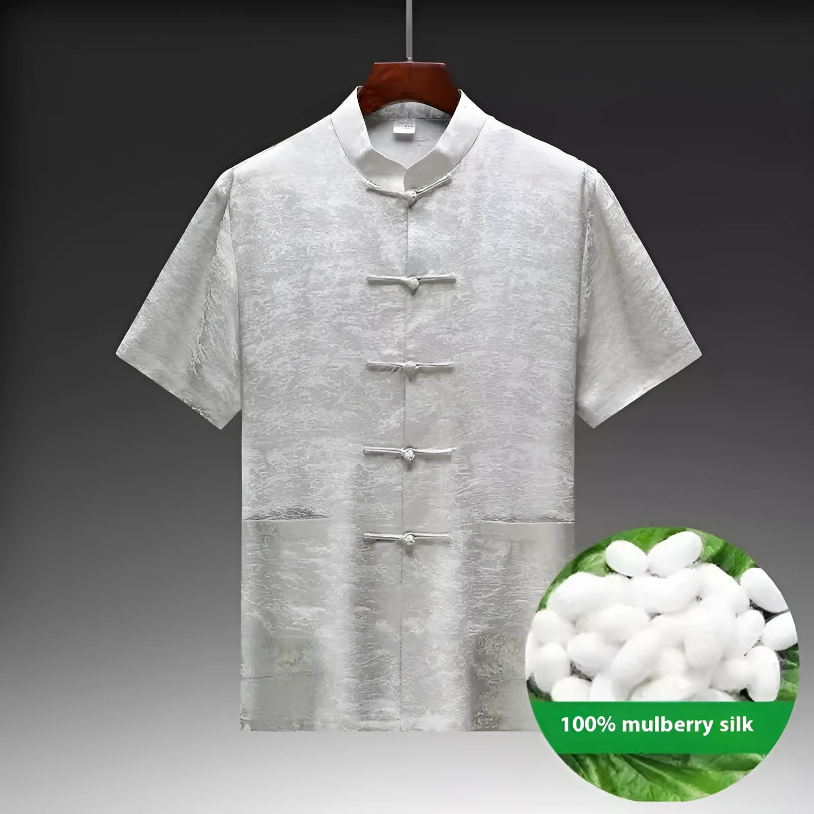 Men's traditional Chinese-style Tang suit made from mulberry silk satin in light green, navy, or white.