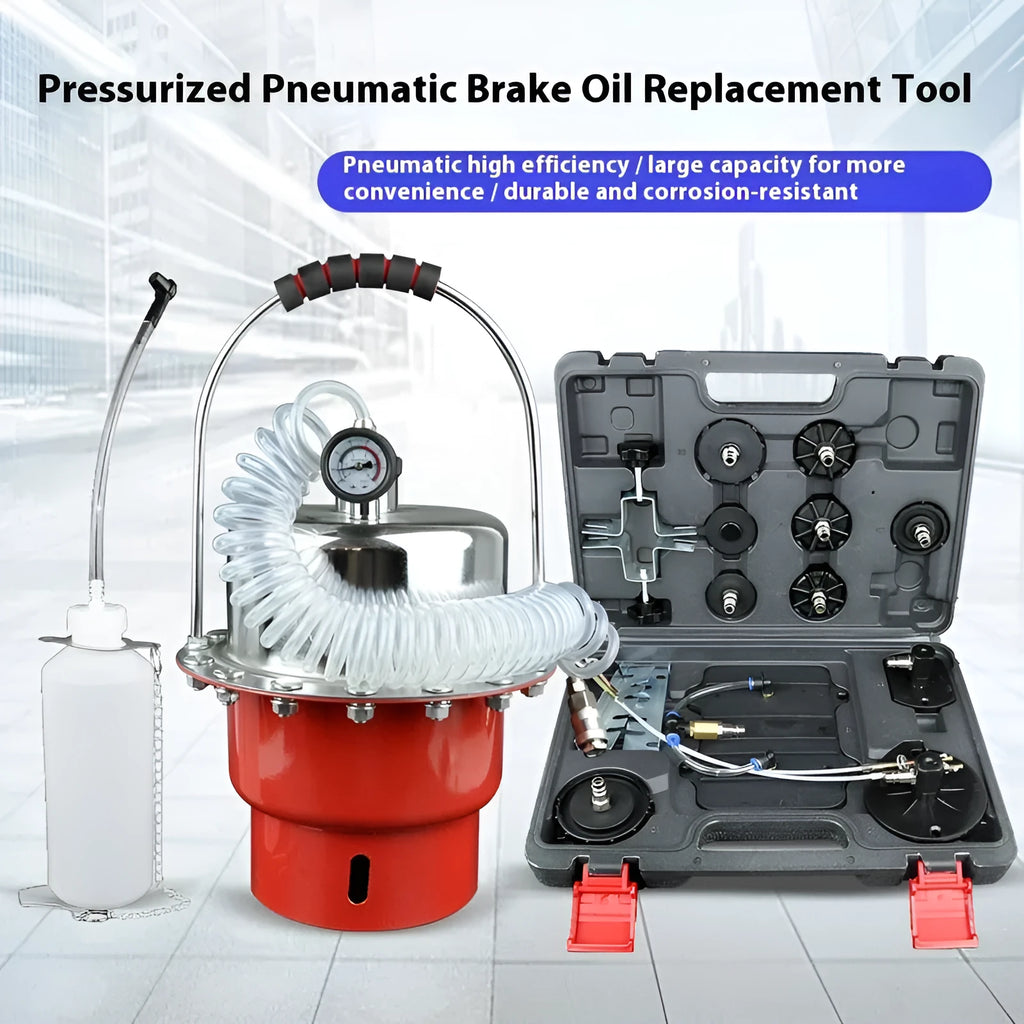 Pneumatic brake fluid replacement pumping tool with pressure gauge and transparent drain hose