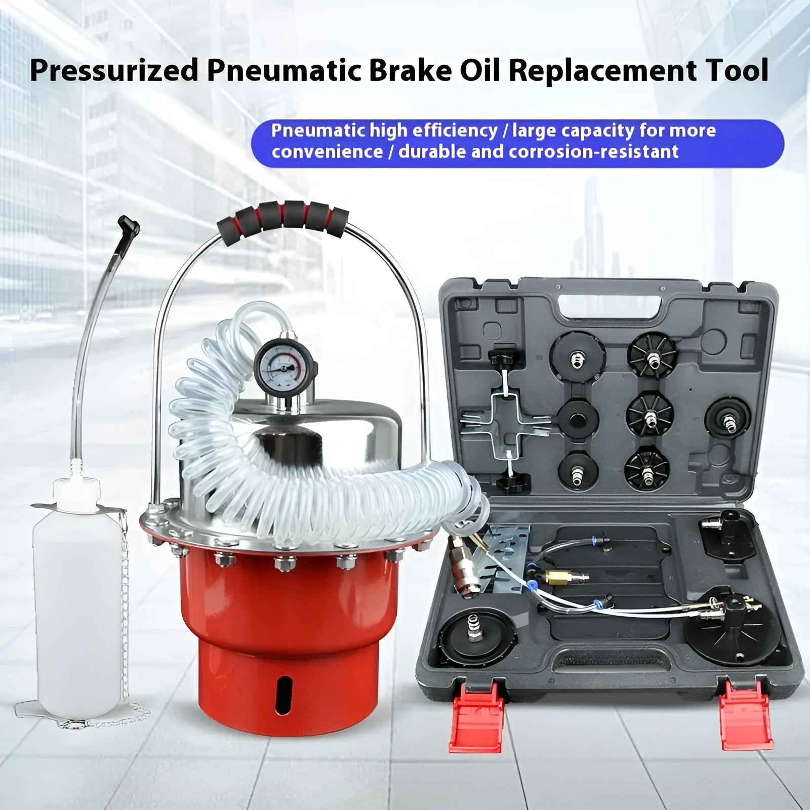 Pneumatic brake fluid replacement pumping tool with pressure gauge and transparent drain hose