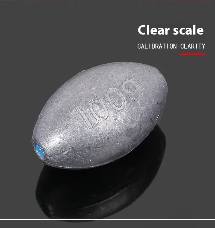 Tongxin olive lead fishing sinker with scale pattern in rugby shape, showing weights from 10g to 150g
