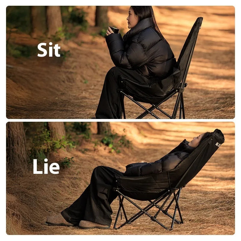 Night black Oxford cloth camping recliner moon chair in folded and unfolded positions.