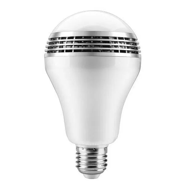 White E27 smart bulb with Bluetooth speaker, showing dimensions and RGB colour illumination.