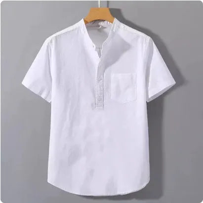 Men's beige casual short sleeve linen shirt with a stand collar and loose fit on a hanger.