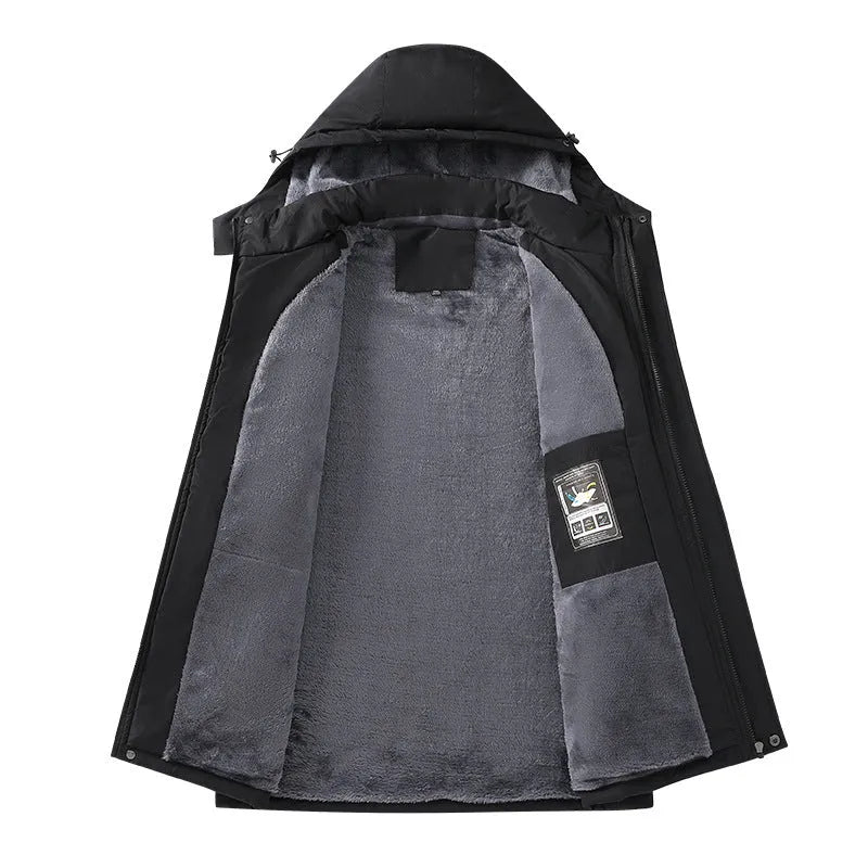 Plus-size men's hooded waterproof coat in Army Green colour showing loose fit and functional design.