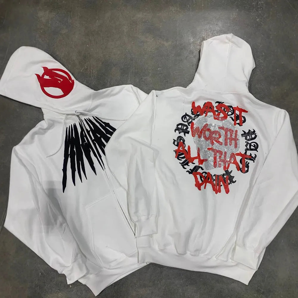 Printed skull and letter pattern hooded sweatshirt with hot rhinestone details in loose cardigan style