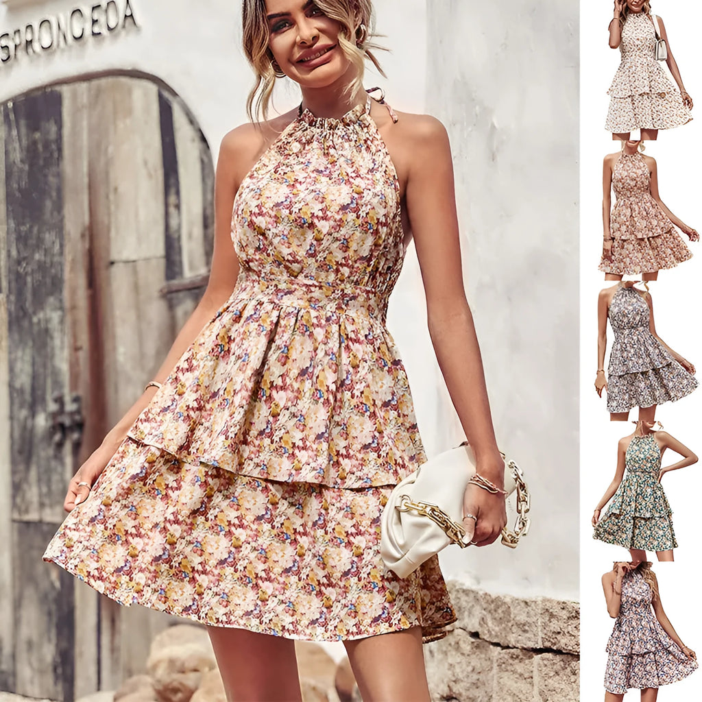 Women's boho style halter neck backless summer dress with ruffled A-line hem.