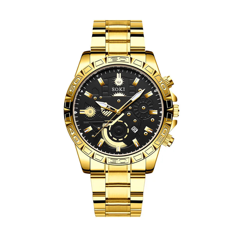 Men's gold business calendar quartz watch with stainless steel band showing date display