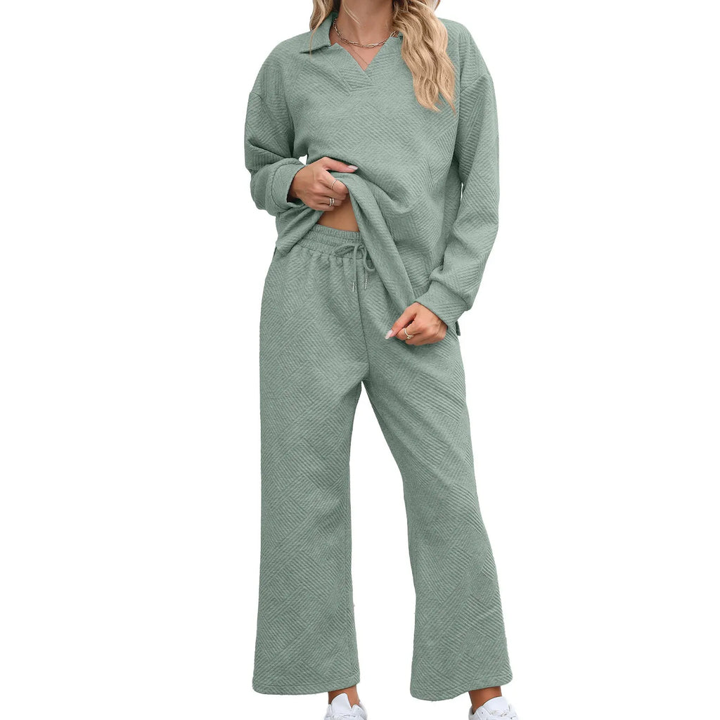 Women's black geometric pattern knitted jacquard two-piece suit with long sleeves and elastic waist trousers