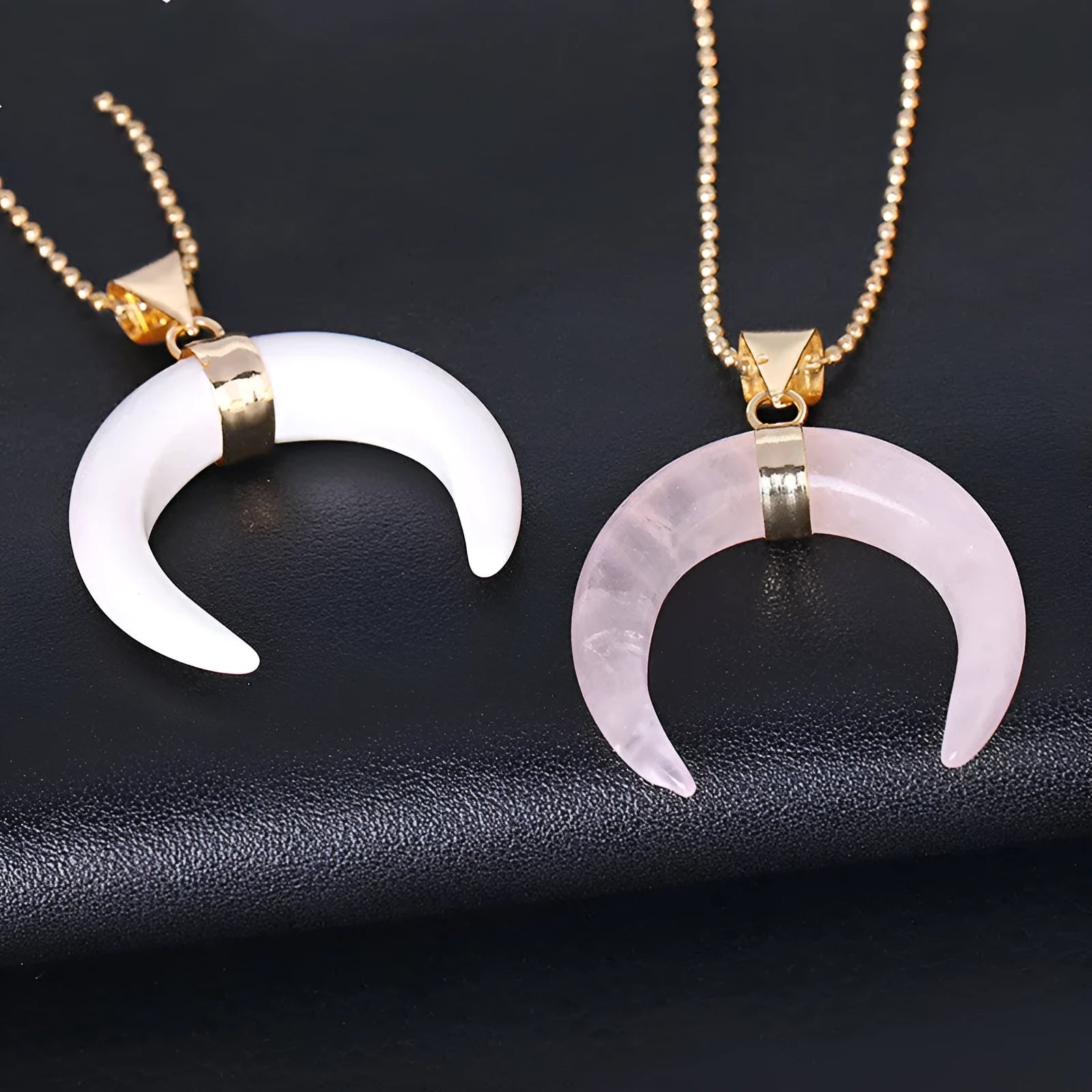 Crystal moon pendant necklace with natural stone charm on adjustable copper chain