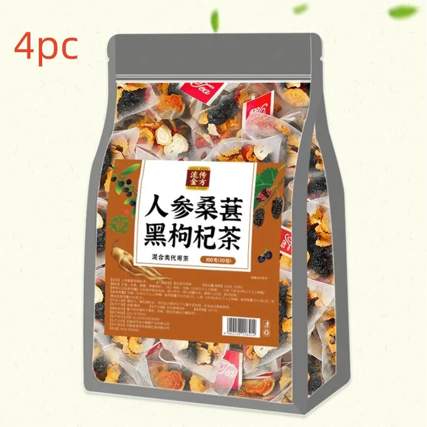 Ginseng Black Wolfberry Tea package with 40 individual 5g herbal tea sachets