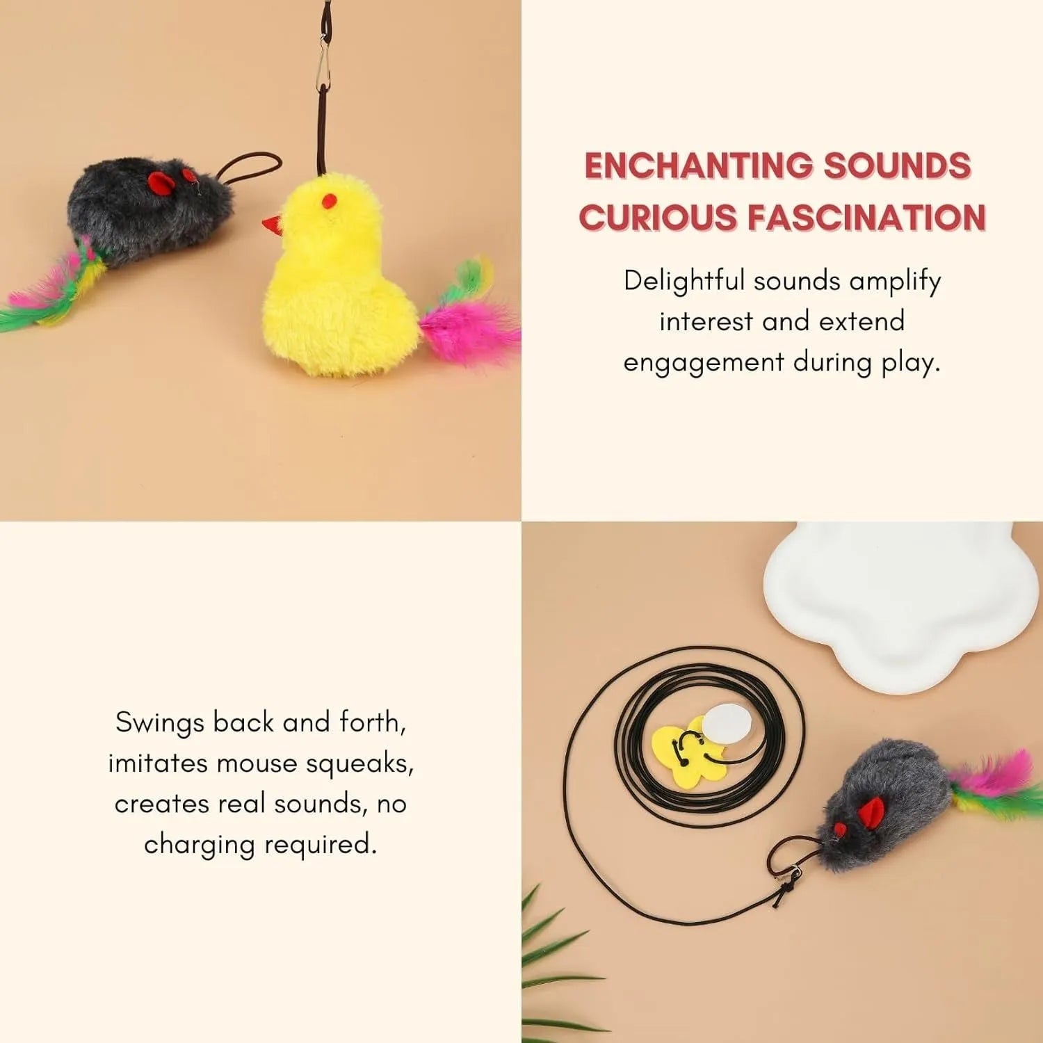 Interactive hanging cat toy with retractable elastic rope and dangling mouse attachment on door frame