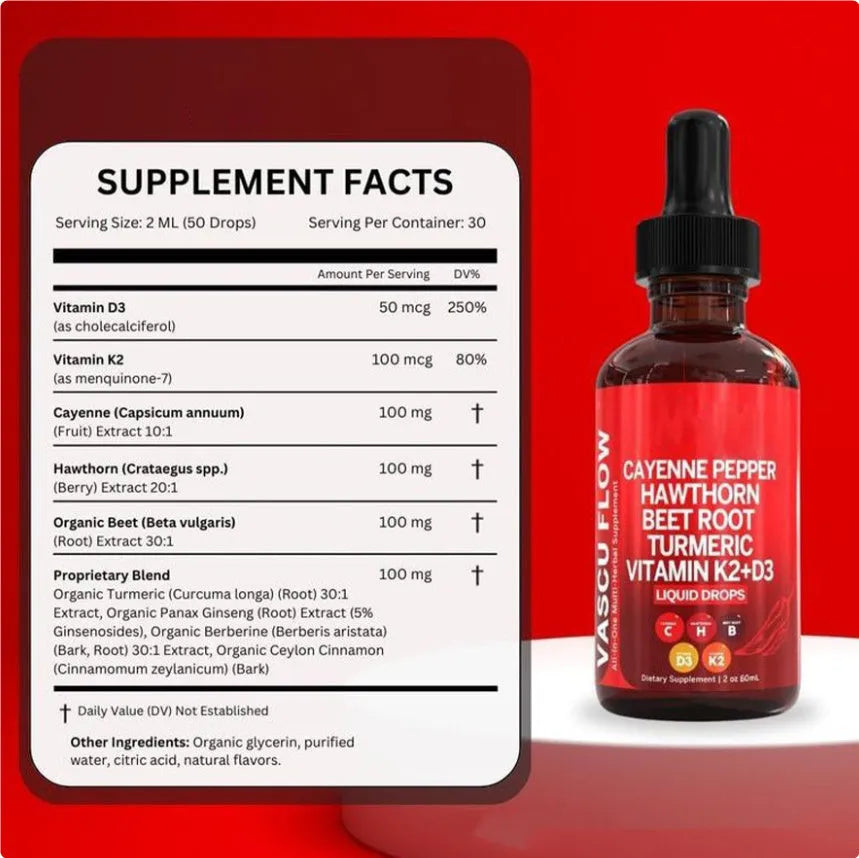 60ml glass bottle of Vitamin D3 K2 Hawthorn Fruit Supplement Liquid Drops with a plastic dropper.