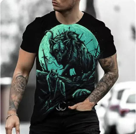 Retro 3D animal print design on a men's light grey short-sleeved T-shirt.