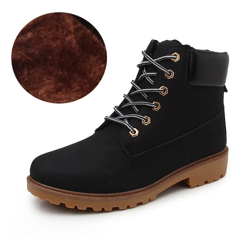 Men's pink high-top Martin boots with front lace-up and a low flat heel on a neutral background.