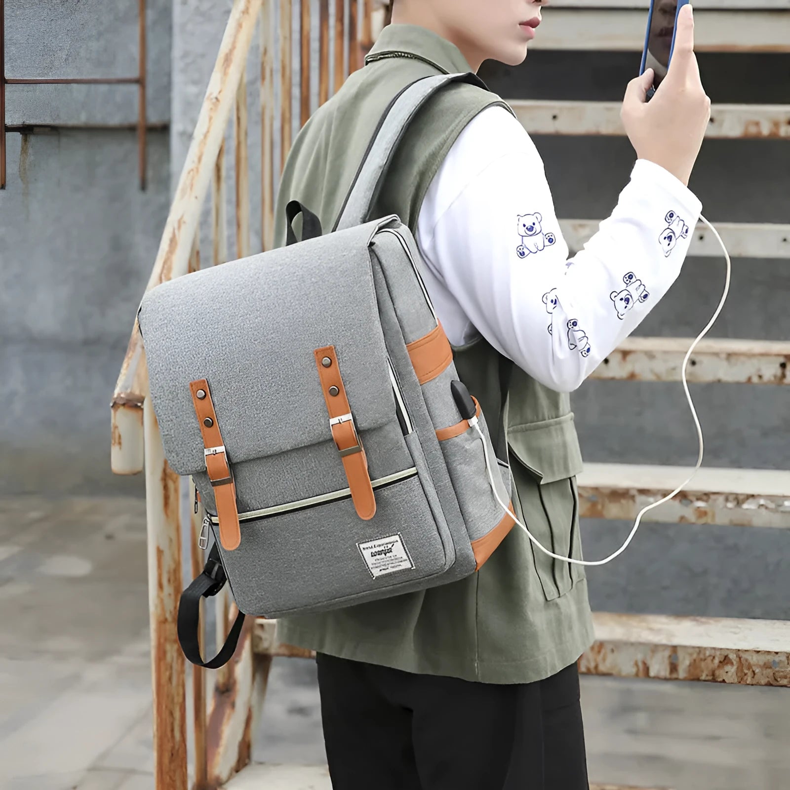 Three-piece business backpack in Oxford cloth with multiple compartments, curved shoulder straps, shown in four colour options