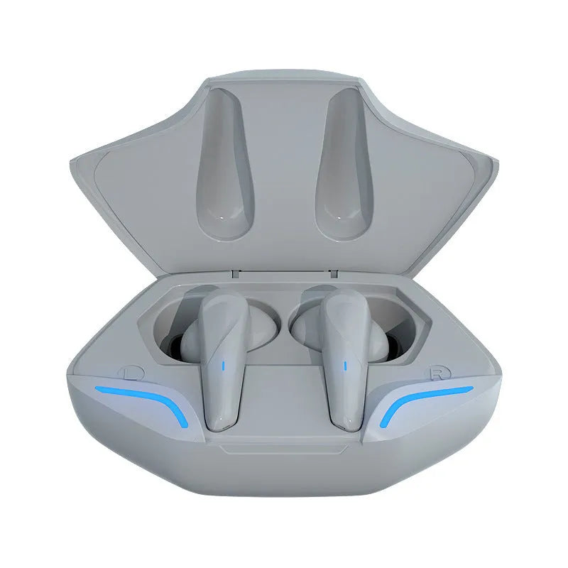 Black wireless Bluetooth gaming earbuds with a matching charging case and silicone ear tips.
