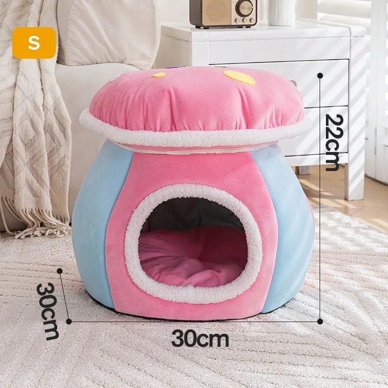 Grey mushroom-shaped cat nest bed with a detachable plush blanket for indoor cats.