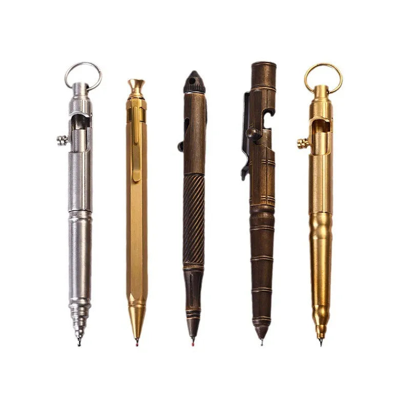 Brass bolt-action tactical pen in a retro copper finish, showing press mechanism and textured barrel.