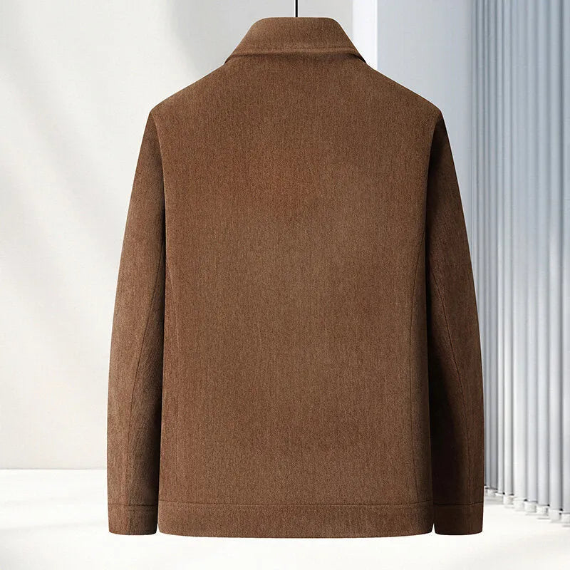 Men's slim fit casual lapel coat in thickening Vinylon fabric shown in dark blue.