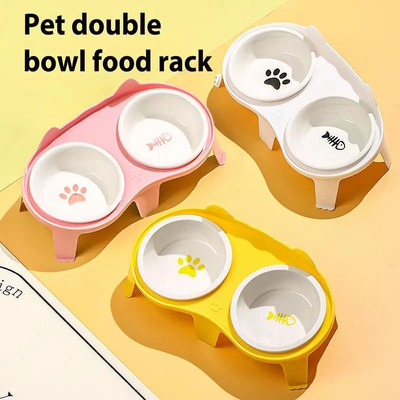 Ceramic cat food and water bowl set on elevated tilted stand with hook design in blue colour