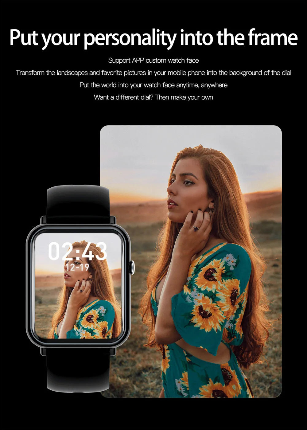 Smart waterproof watch with 1.69inch TFT screen and composite silica gel strap in Black
