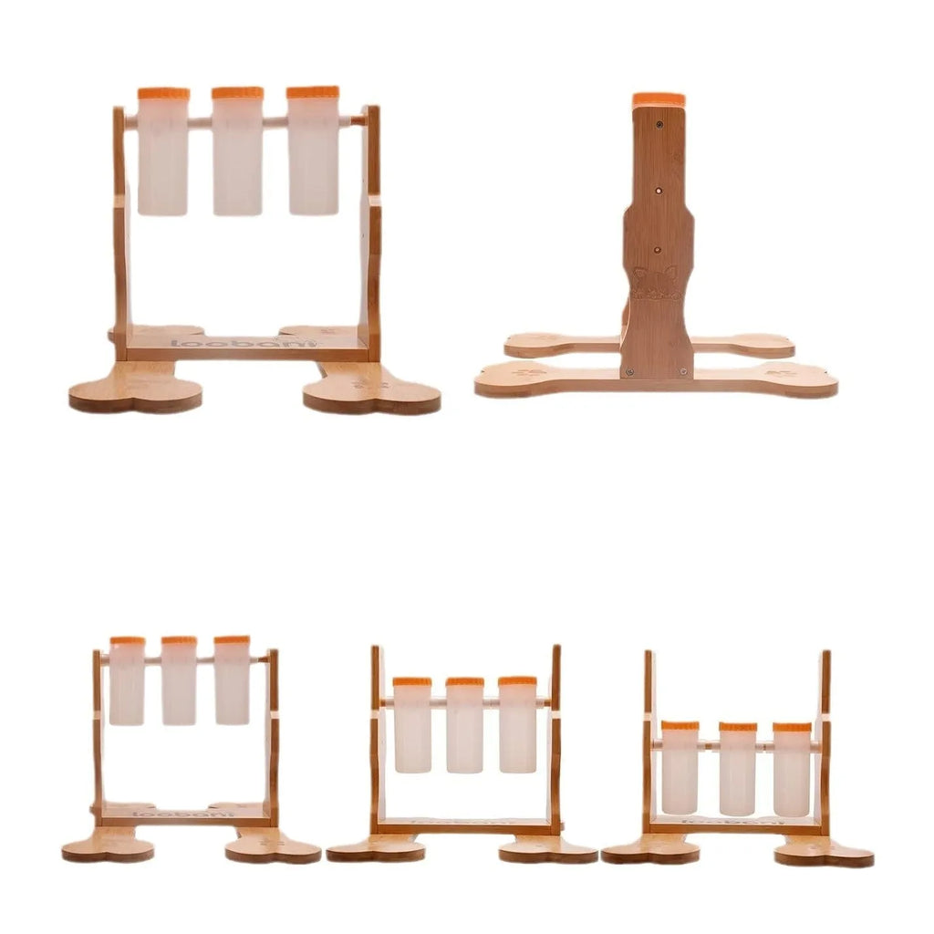 Natural wood dog puzzle toy treat dispenser measuring 31x30x20cm