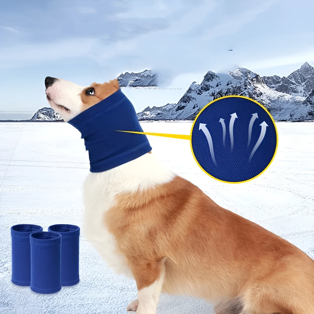 Blue polyester dog comforter headband scarf wrapped around a dog's neck showing S, M, L size options