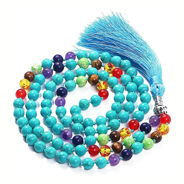 Long multi-strand agate tassel necklace with geometric pattern of amethyst, lapis lazuli, and blue stone beads.